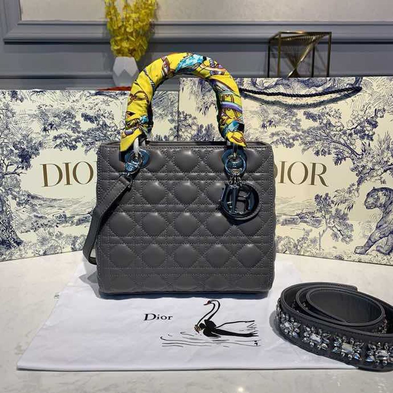 Top Quality MeTop Qualityum Lady Bag Silver Hardware with Embellished Bag Strap Dark Grey For Women 9.5in/24cm CD