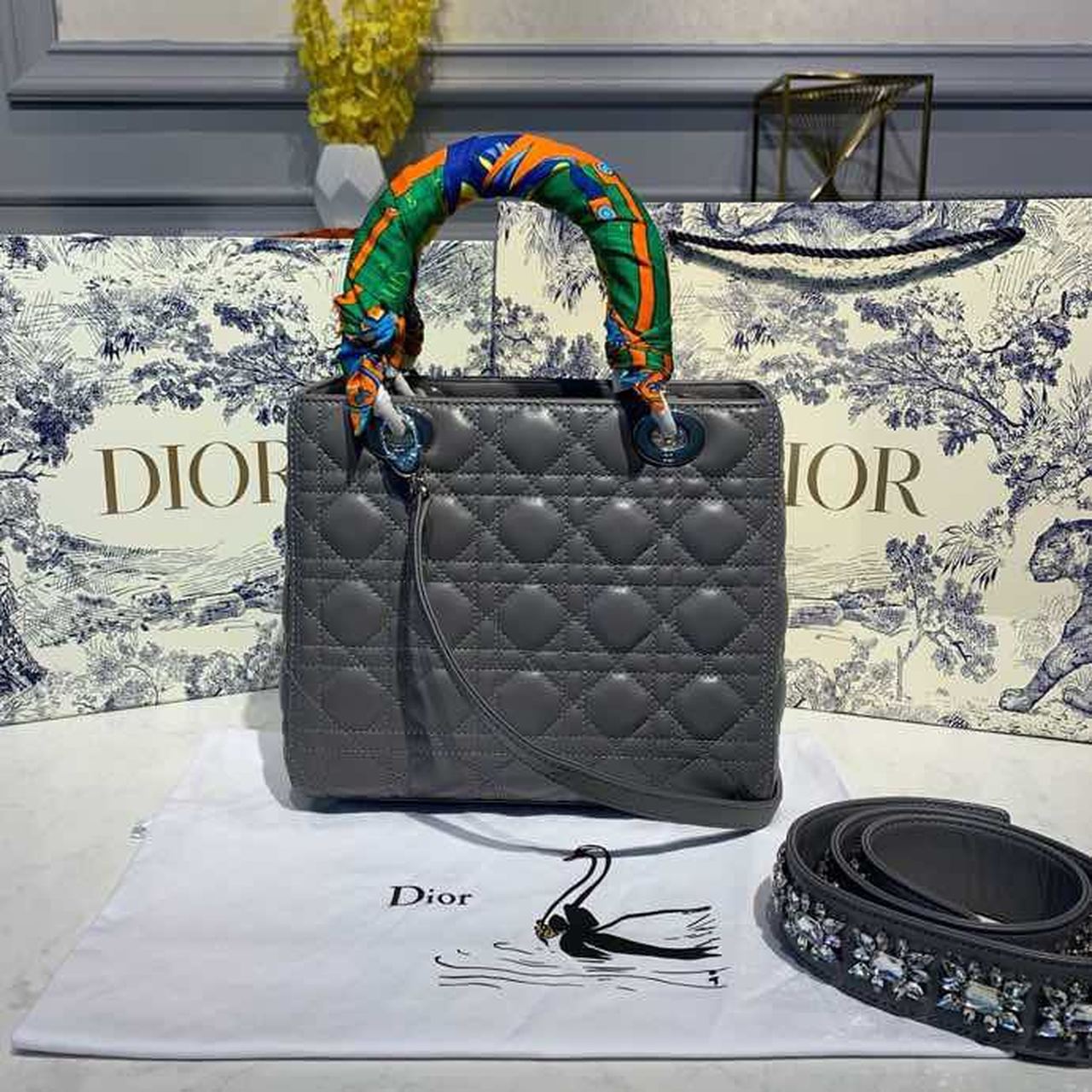 Top Quality MeTop Qualityum Lady Bag SiTop Qualityer Hardware with Embellished Bag Strap Dark Grey For Women 9.5in/24cm CD