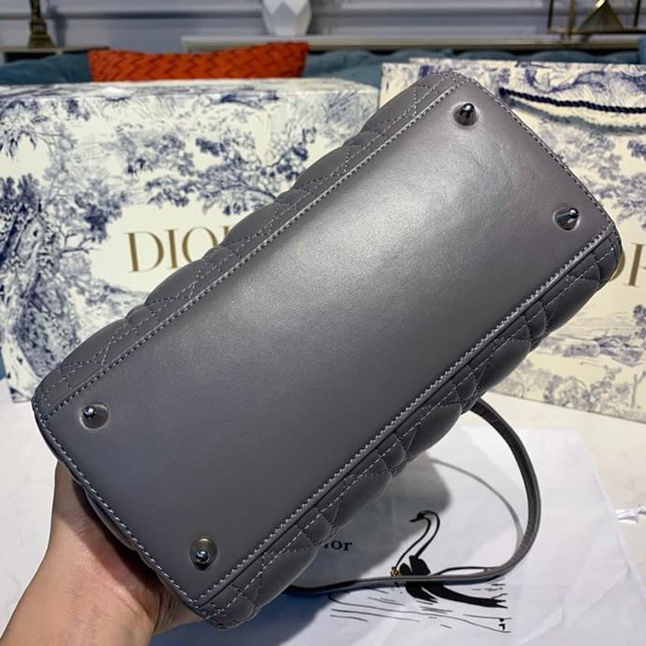Top Quality MeTop Qualityum Lady Bag Silver Hardware with Embellished Bag Strap Dark Grey For Women 9.5in/24cm CD