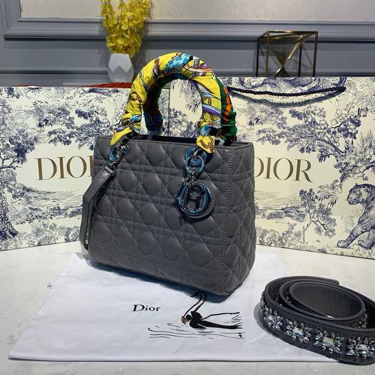Top Quality MeTop Qualityum Lady Bag SiTop Qualityer Hardware with Embellished Bag Strap Dark Grey For Women 9.5in/24cm CD