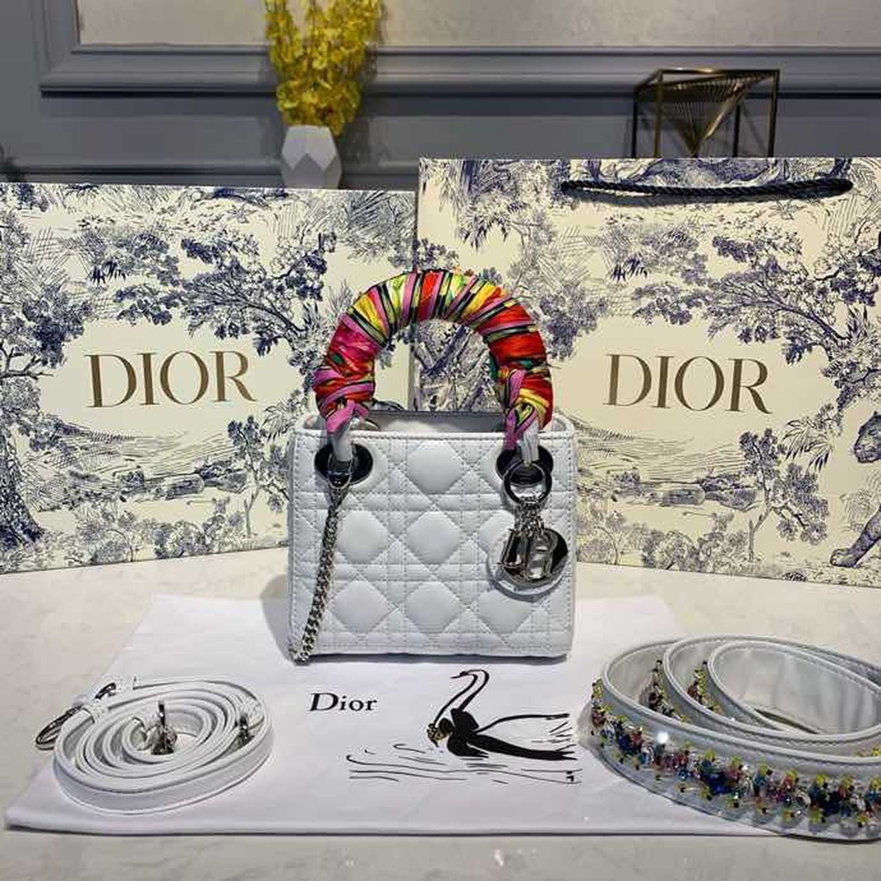 Top Quality Mini Lady Bag with Chain and Embellished Bag Strap SiTop Qualityer Hardware Spring/Summer Collection, White, For Women Women’s Handbags, 18cm CD