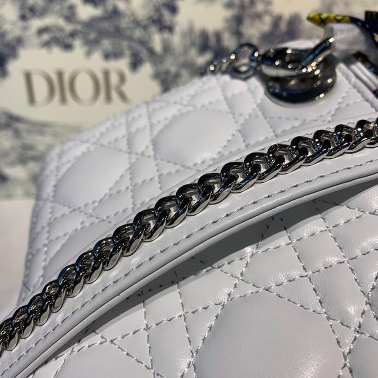 Top Quality Mini Lady Bag with Chain and Embellished Bag Strap Silver Hardware Spring/Summer Collection, White, For Women Womens Handbags, 18cm CD