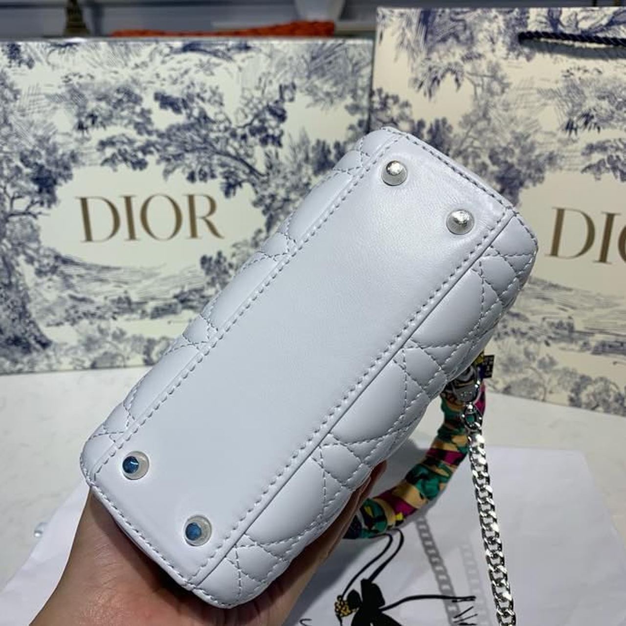 Top Quality Mini Lady Bag with Chain and Embellished Bag Strap Silver Hardware Spring/Summer Collection, White, For Women Womens Handbags, 18cm CD