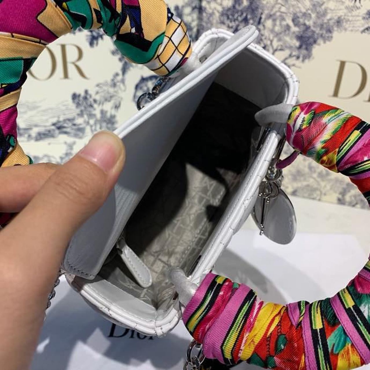 Top Quality Mini Lady Bag with Chain and Embellished Bag Strap Silver Hardware Spring/Summer Collection, White, For Women Womens Handbags, 18cm CD