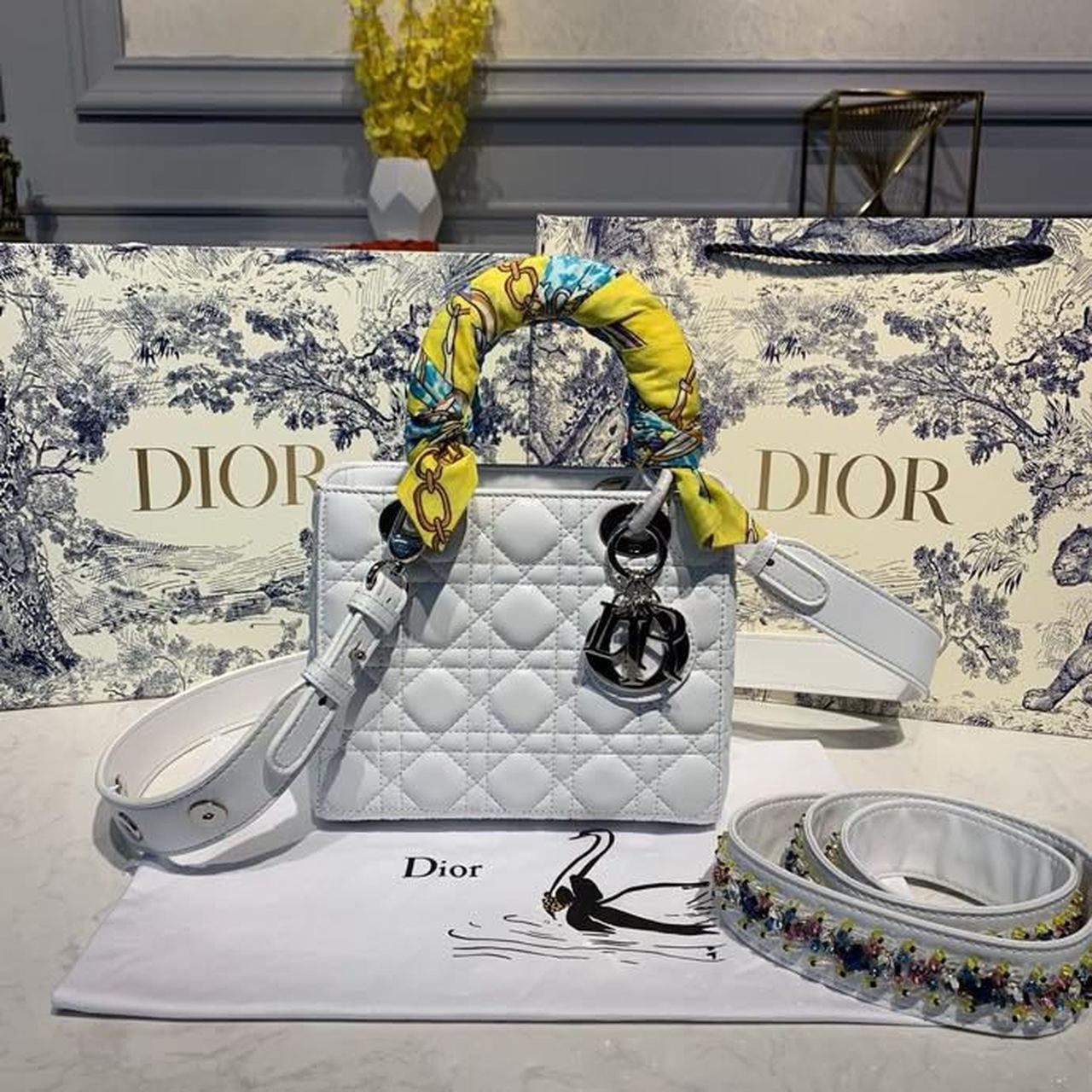 Top Quality Small Lady Bag Silver Hardware with Embellished Bag Strap White For Women 8in/20cm CD
