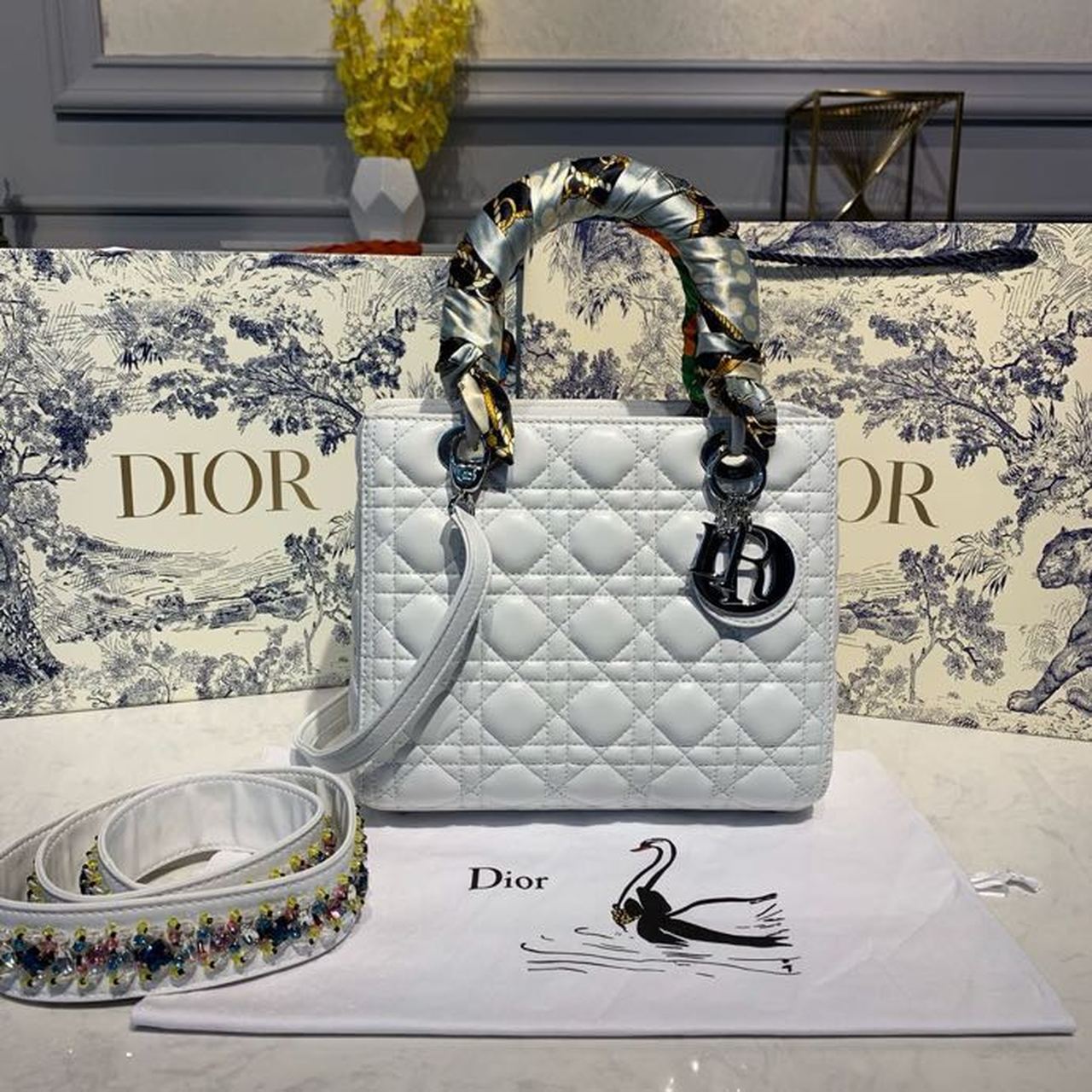 Top Quality MeTop Qualityum Lady Bag SiTop Qualityer Hardware with Embellished Bag Strap White For Women 9.5in/24cm CD