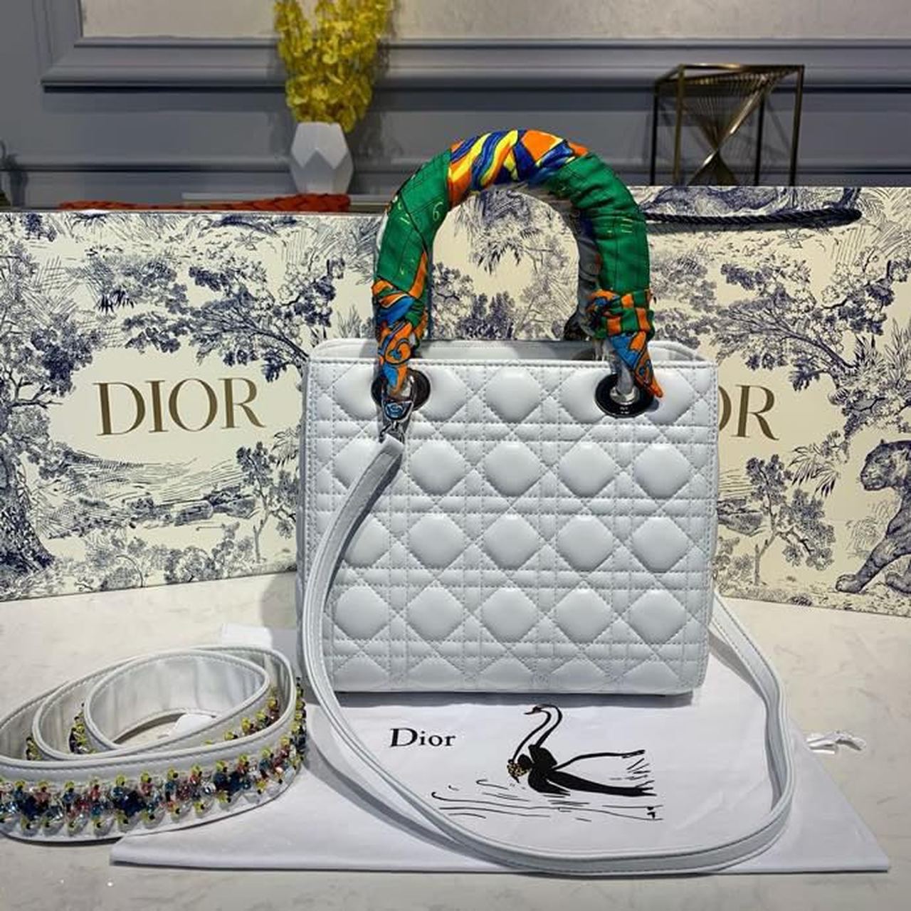 Top Quality MeTop Qualityum Lady Bag SiTop Qualityer Hardware with Embellished Bag Strap White For Women 9.5in/24cm CD