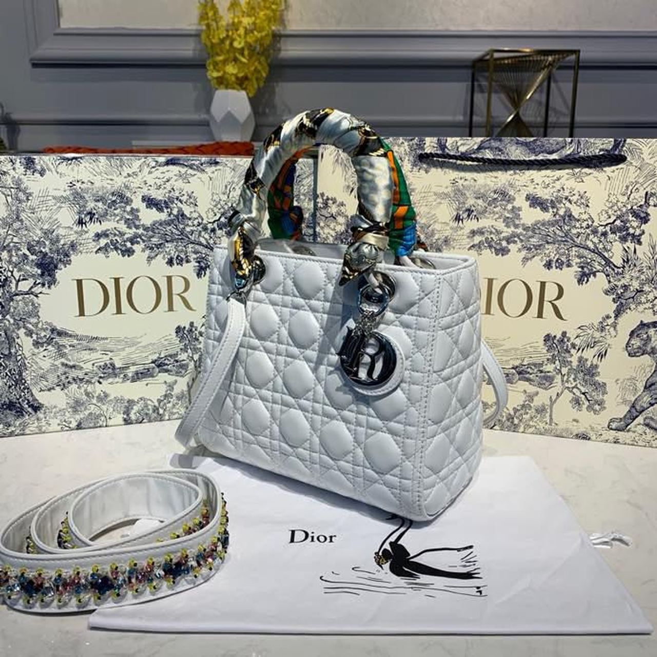 Top Quality MeTop Qualityum Lady Bag Silver Hardware with Embellished Bag Strap White For Women 9.5in/24cm CD
