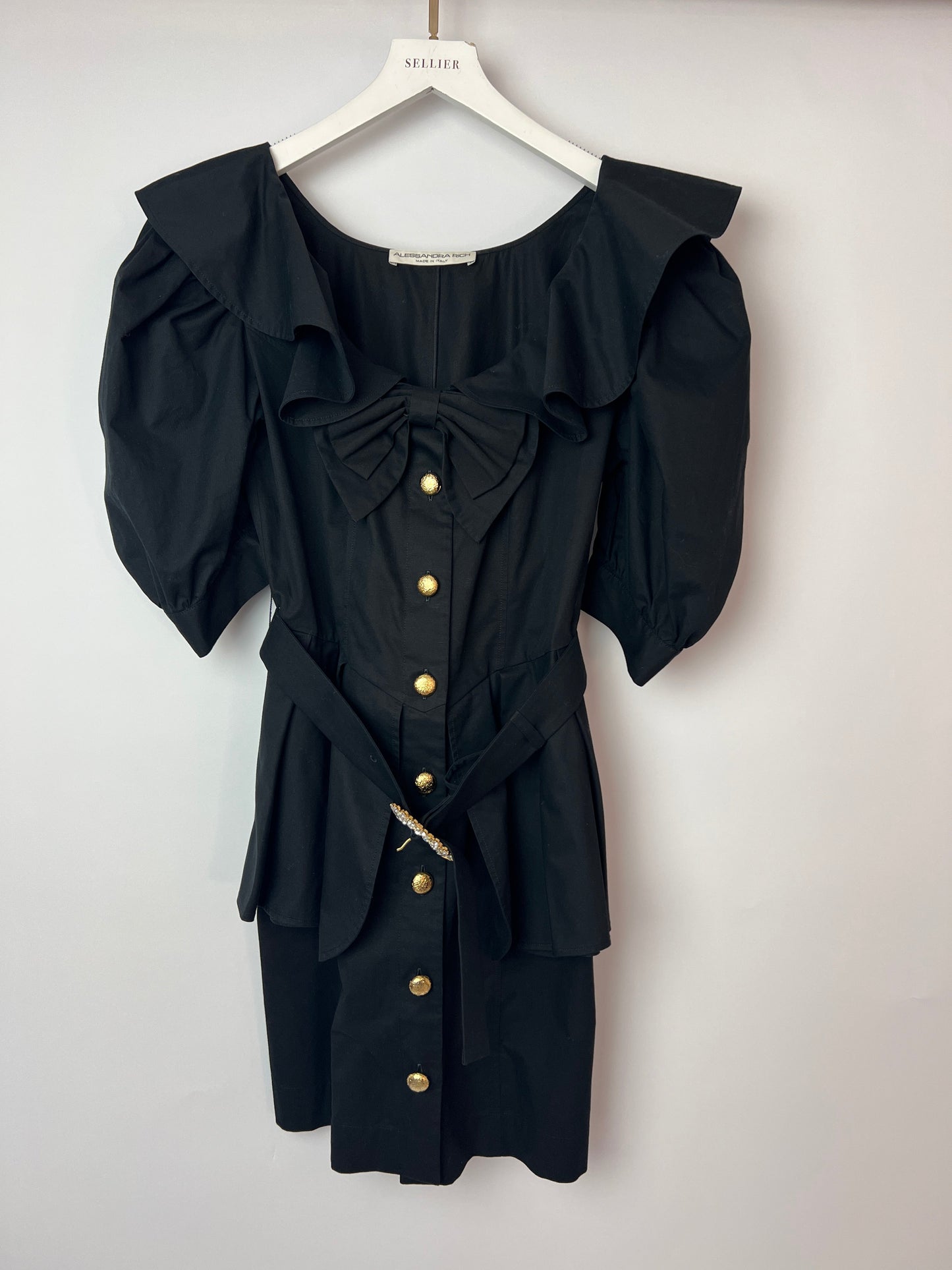 Alessandra Rich Black Mini Dress with Bow Neckline and Belt Detailing Size IT 40 (UK 8)