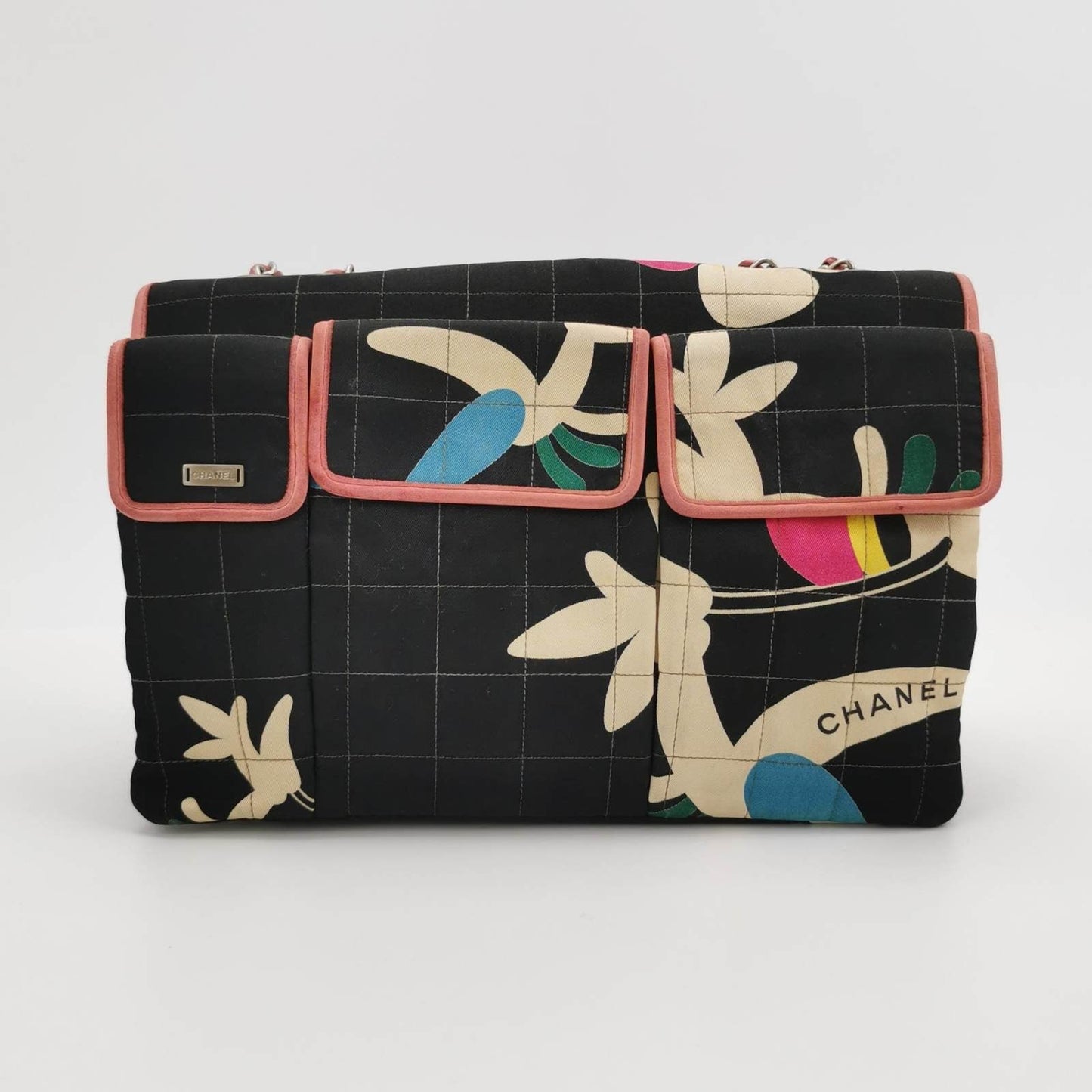 Chanel 2.55 Flap Bag   Chocolate Bar Multipocket 2000 Large Black Fabric with Bird Print