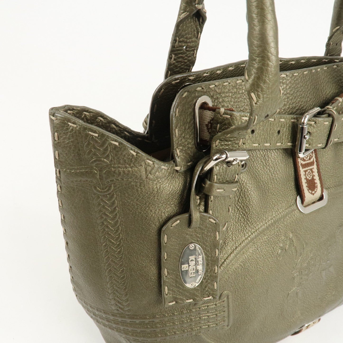 FENDI Selleria Leather Tote Bag Shoulder Bag Khaki 8BN155  d