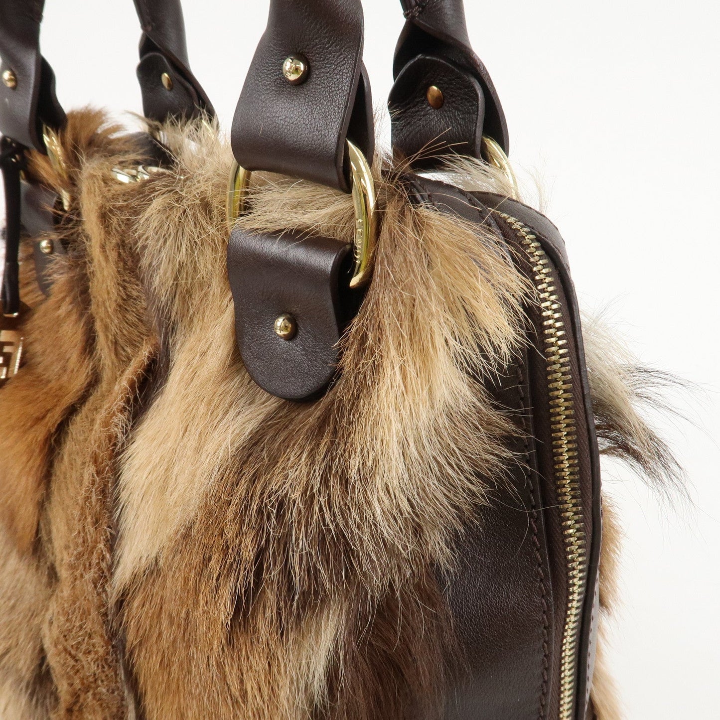FENDI Fur Leather Tote Bag Hand Bag Shoulder Bag Brown 8BR286  d