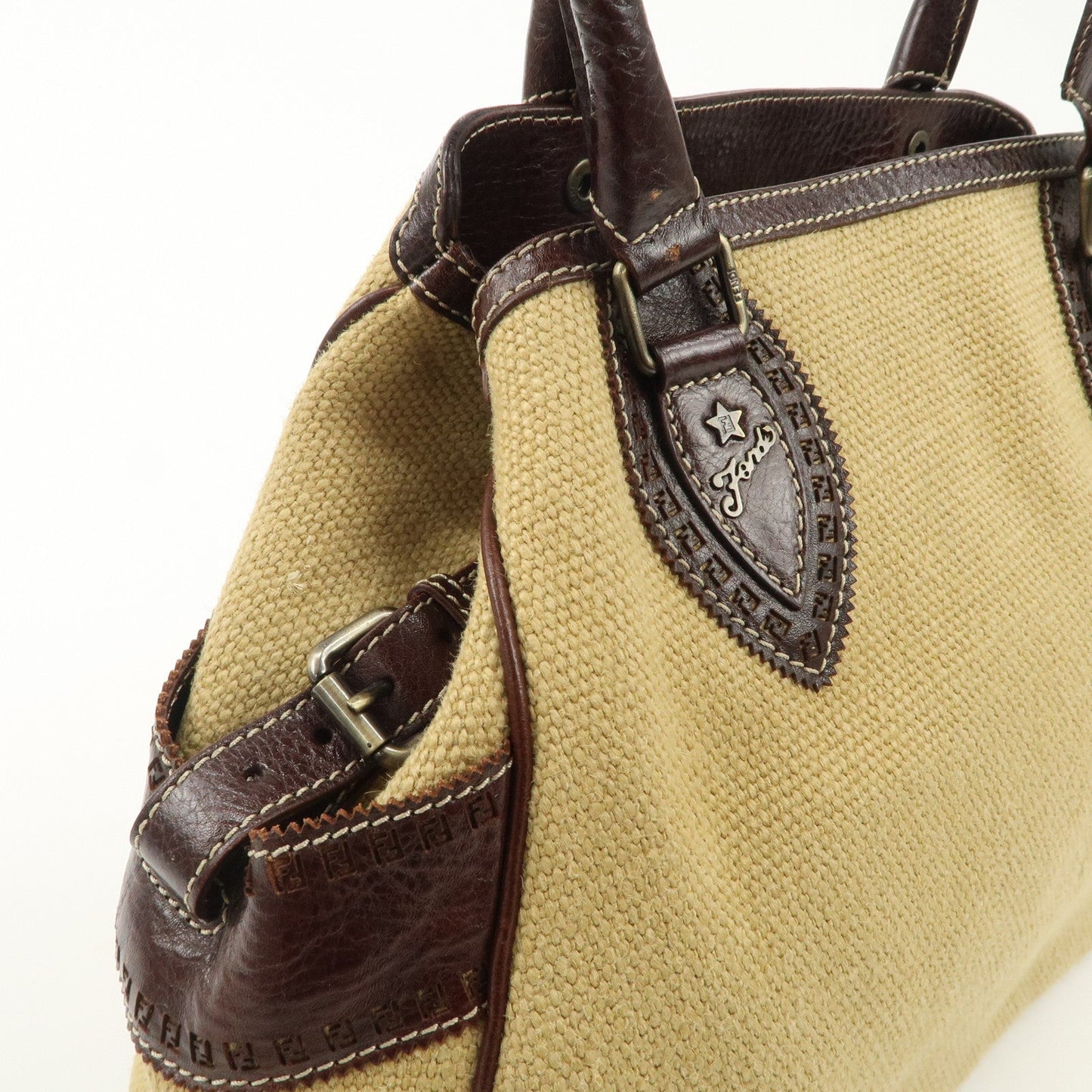 FENDI Ethnico Zucca Canvas Leather Shoulder Bag Beige Brown 8BN162  d
