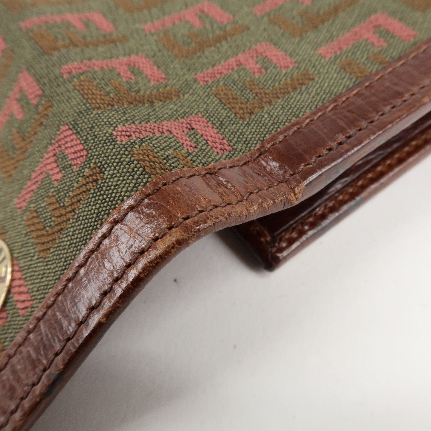 FENDI Zucchino Canvas Leather Tri-fold Wallet Khaki 8M0161  d