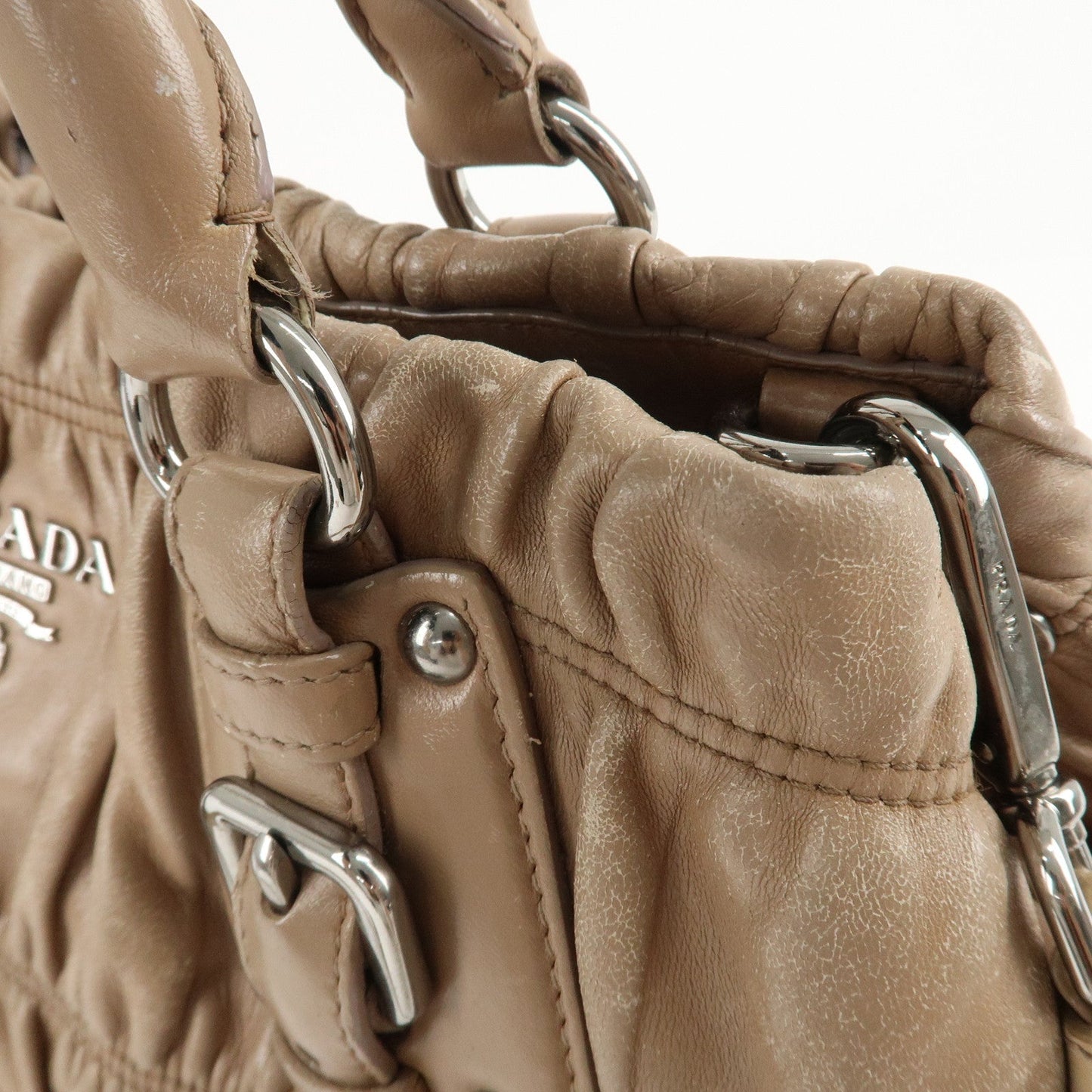 PRADA Leather 2Way Hand Bag Shoulder Bag Beige N1788  d