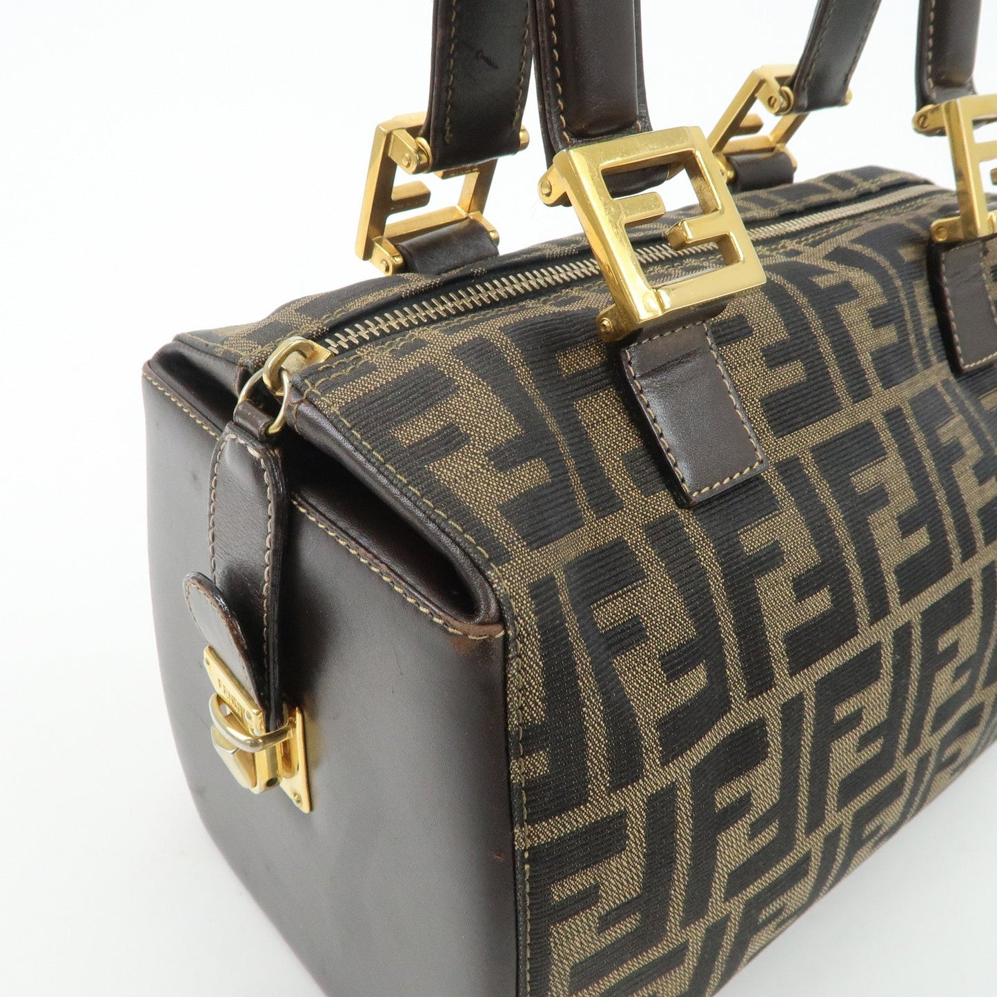 FENDI Zucca Canvas Leather Hand Bag Brown Black  d