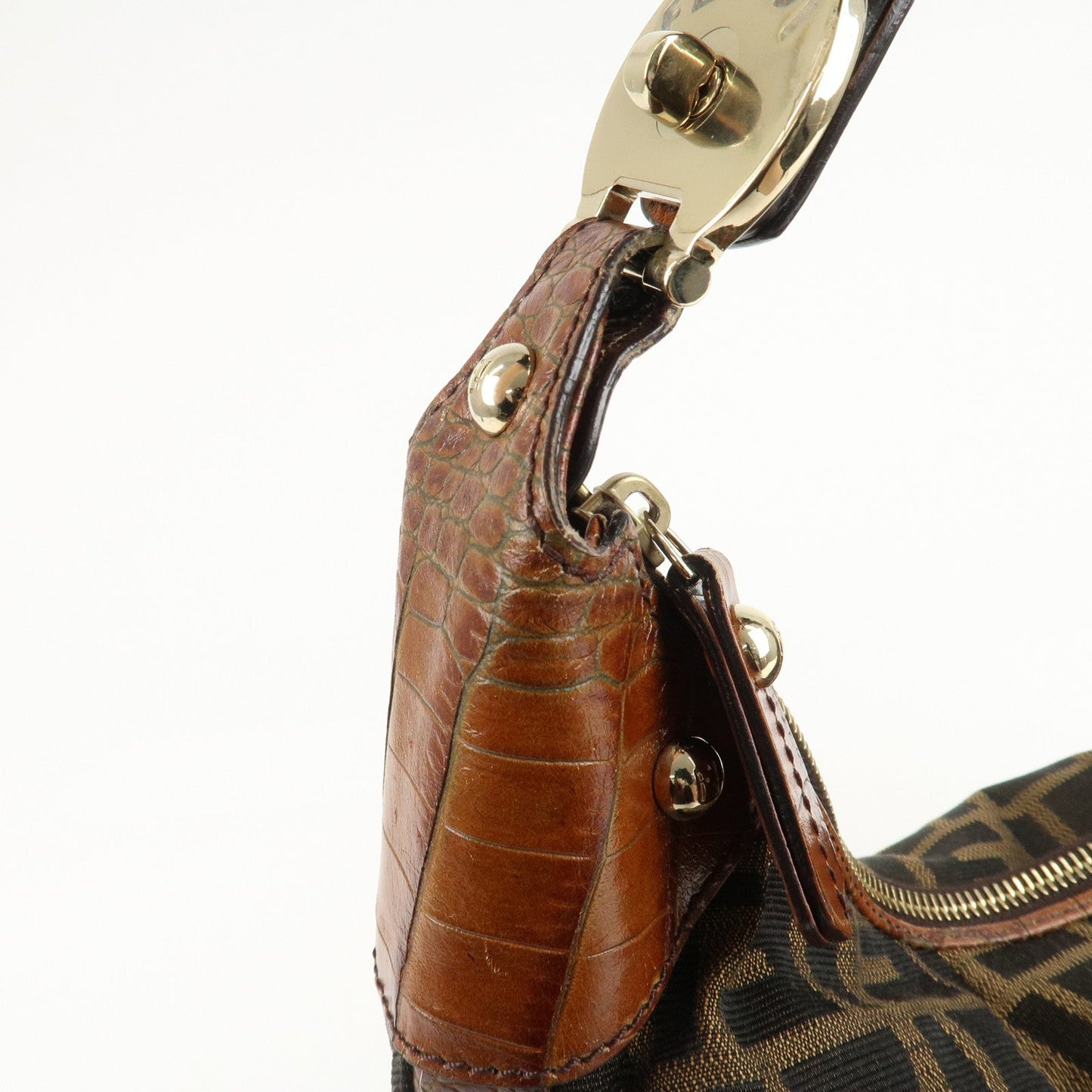 FENDI Zucca Canvas Embossed Leather Shoulder Bag Brown 8BR593  d
