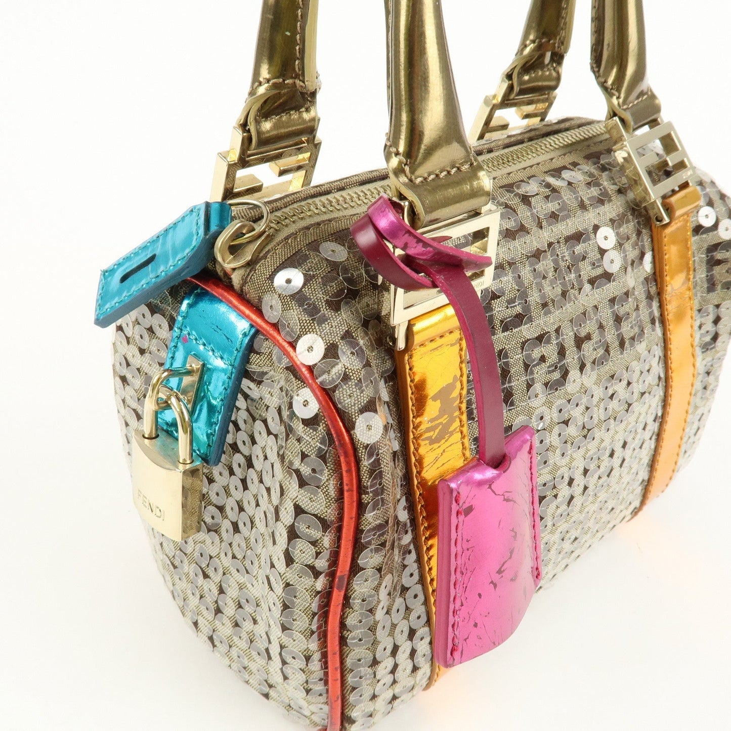 FENDI Zucchino Flip Sequin Canvas Patent Leather Boston Bag 8BL071  d