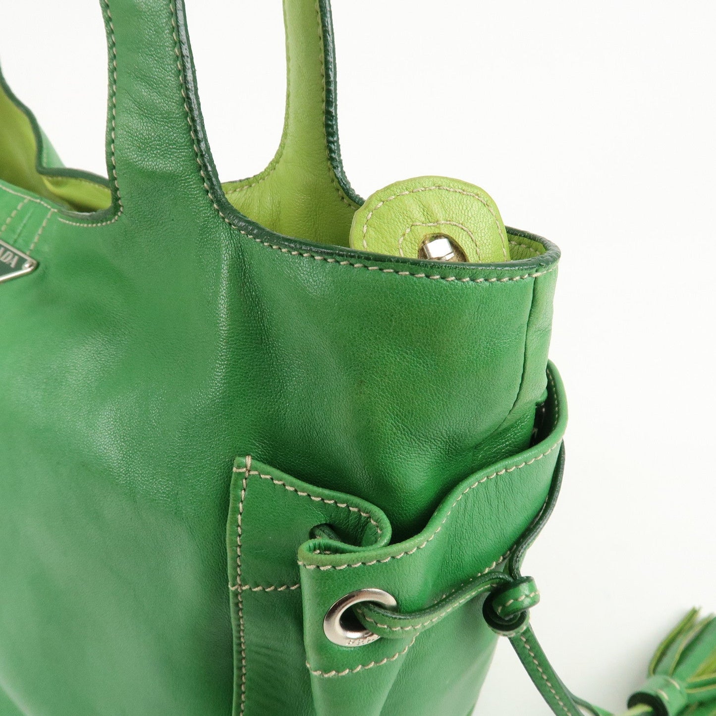 PRADA Logo Leather Tassel Shoulder Bag Hand Bag Green  d