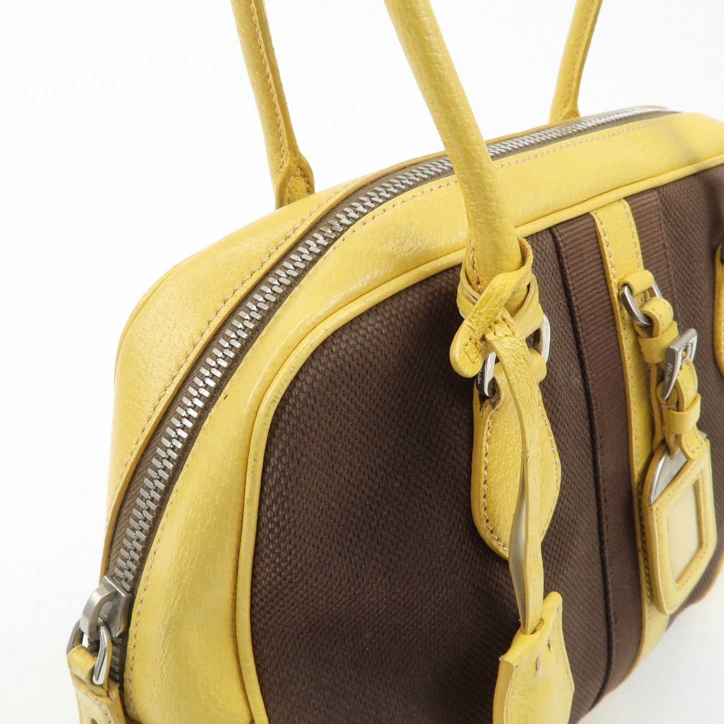 PRADA Canvas Leather Shoulder Bag Hand Bag Brown Yellow  d