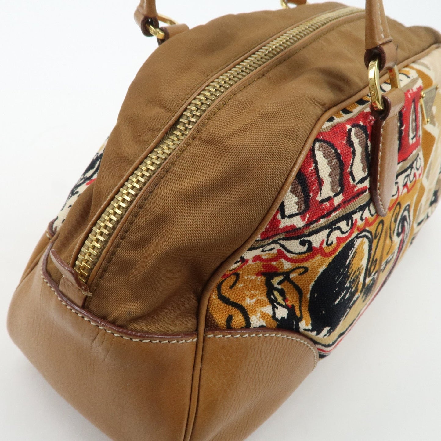 PRADA Logo Canvas Leather Nylon Shoulder Bag Boston Bag Brown  d