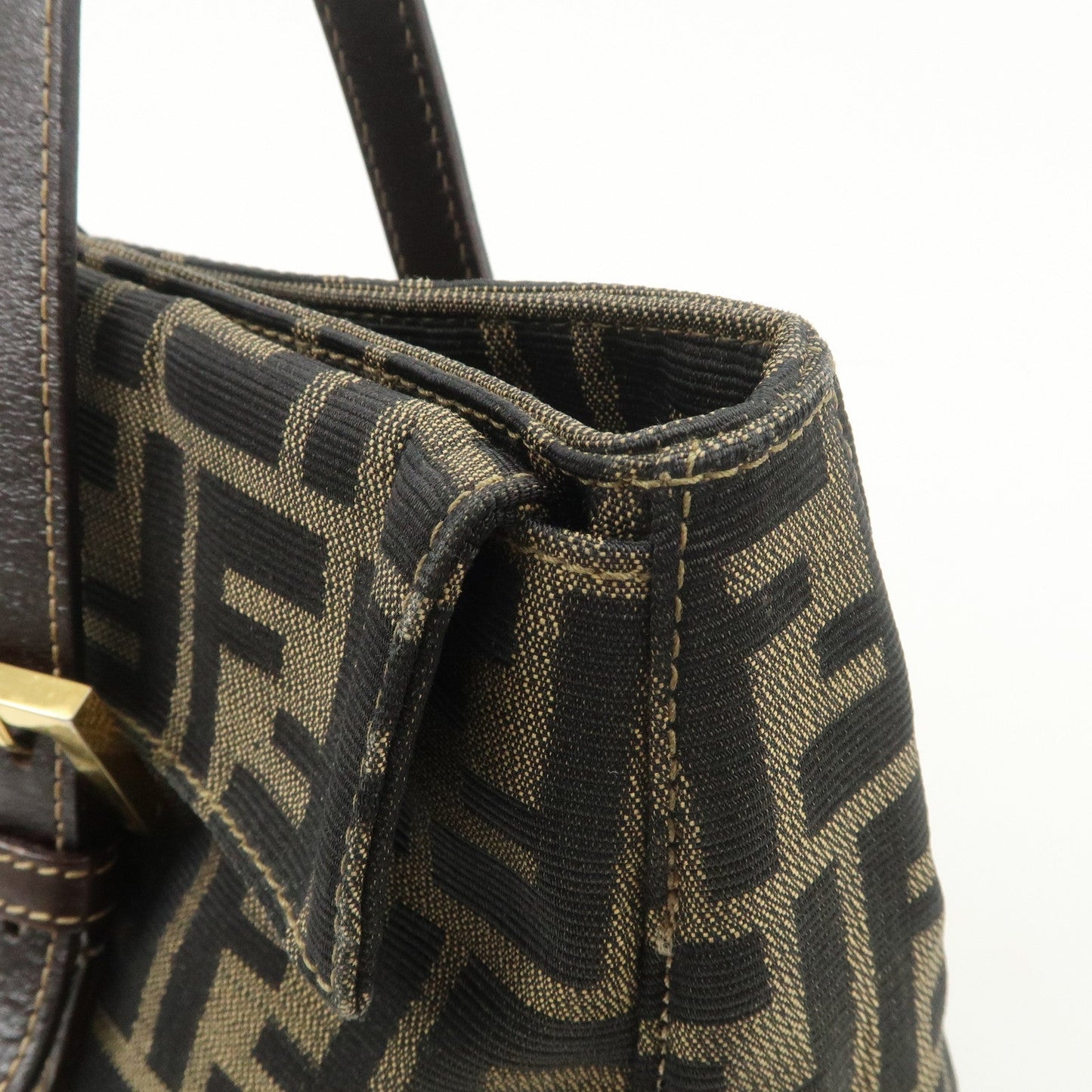FENDI Zucca Canvas Leather Hand Bag Brown Black Gold Hardware  d