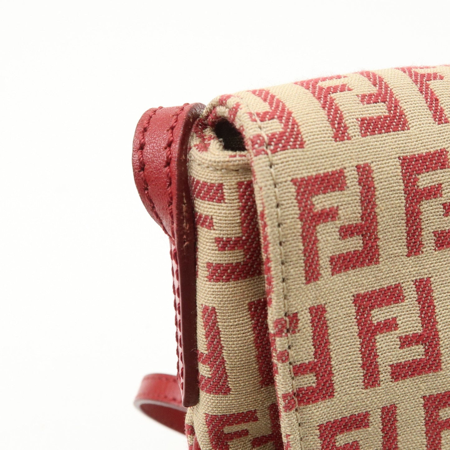 FENDI Zucchino Canvas Leather Shoulder Bag Beige Red 8BT075  d