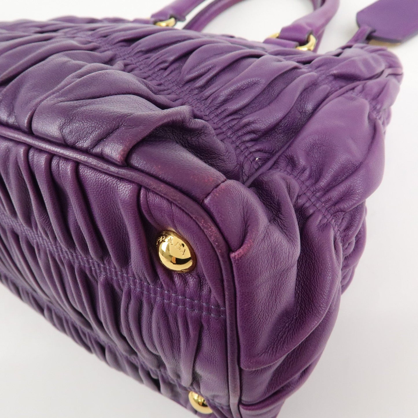 PRADA Leather Gathered Hand Bag Purple Gold Hardware BN2394  d