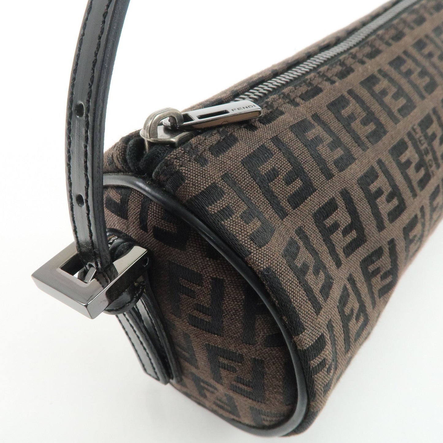 FENDI Zucchino Canvas Leather Pouch Hand Bag Black Brown 7N0016  d
