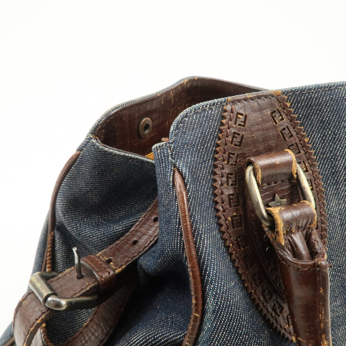 FENDI Ethnico Denim Leather Shoulder Bag Blue Brown 8BN157  d