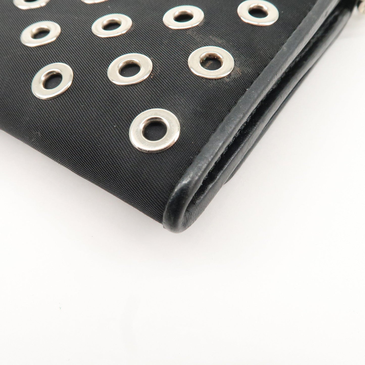 PRADA Grommet Nylon Leather Chain Long Wallet Black Silver HDW  d
