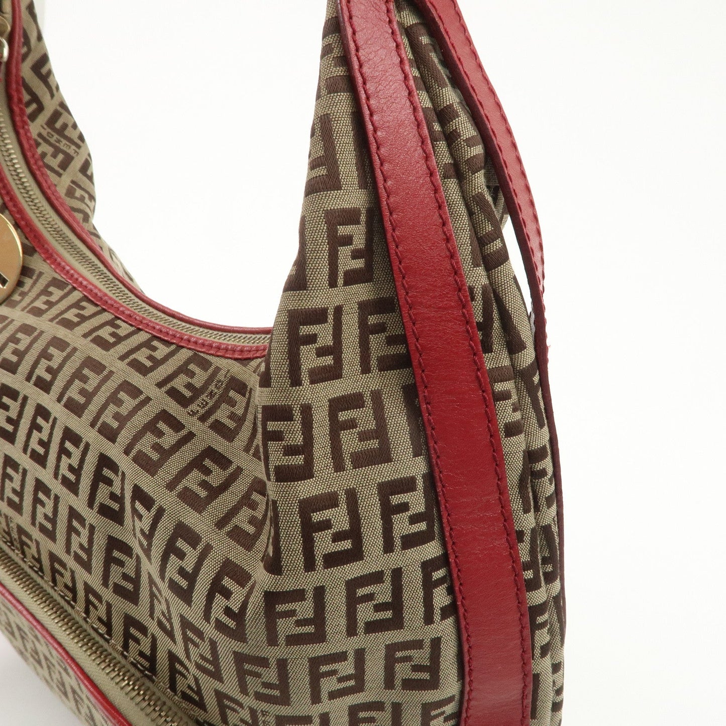 FENDI Zucchino Canvas Leather Shoulder Bag Khaki Brown Red 8BR465  d