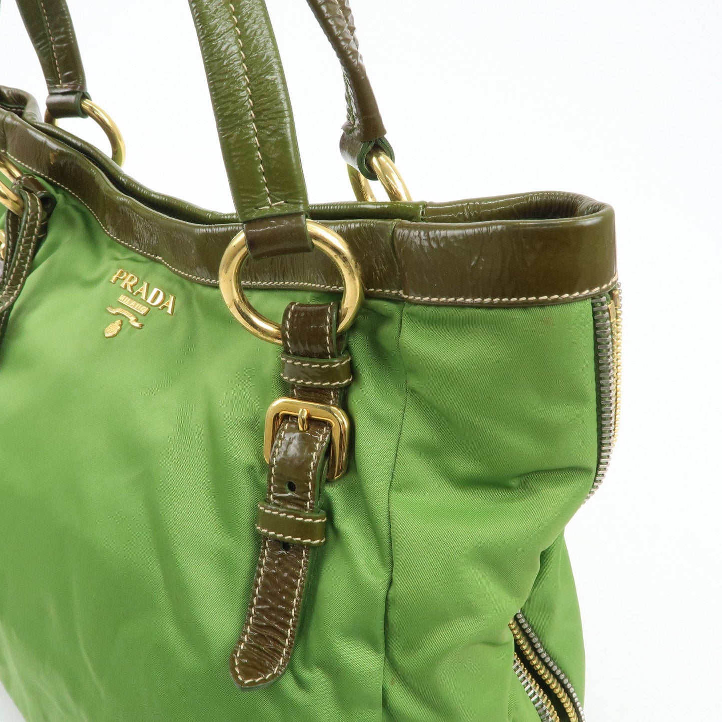 PRADA Nylon Patent Leather Tote Bag Shoulder Bag Green Khaki  d