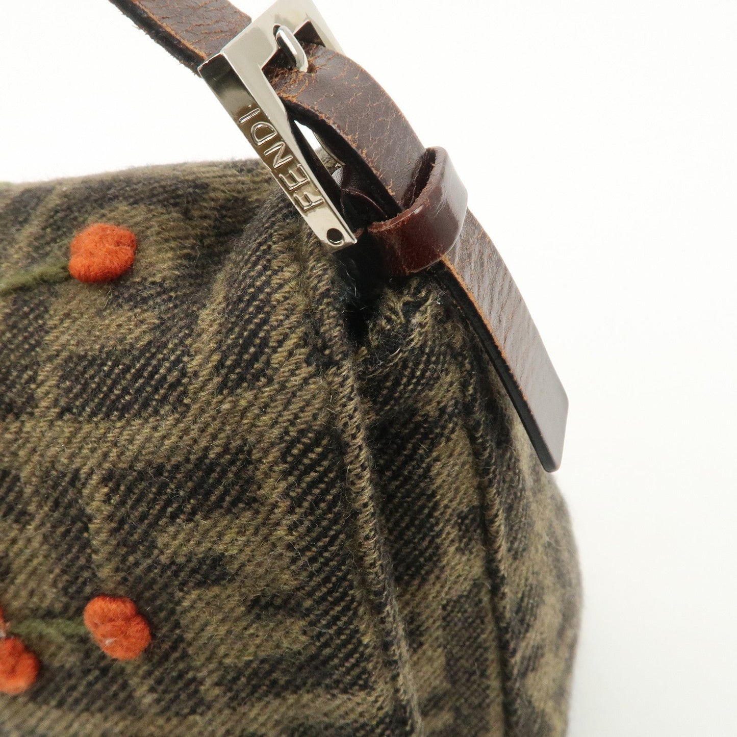 FENDI Mamma Baguette Wool Leather Shoulder Bag Tree Motif Khaki  d