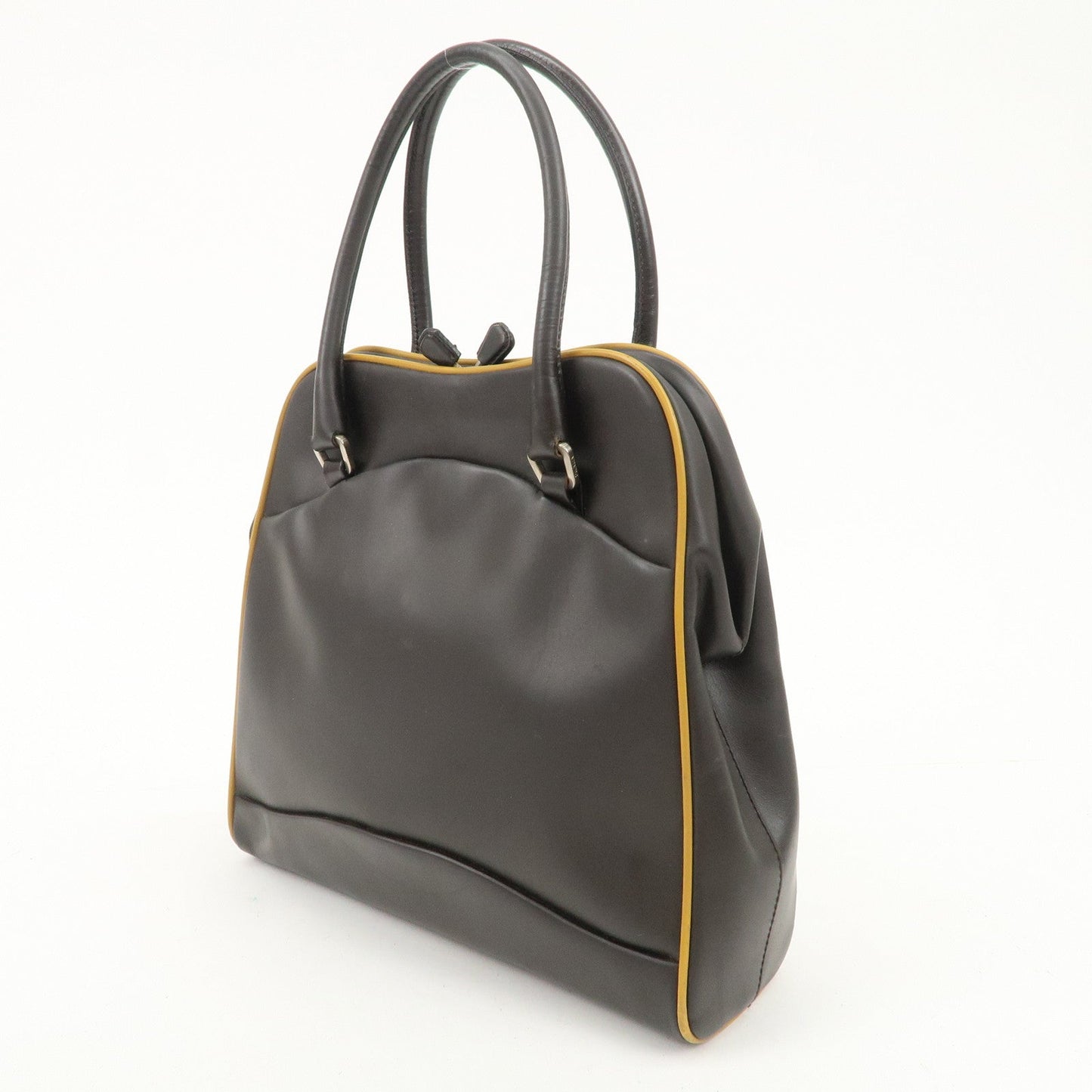 PRADA Triangle Logo Leather Tote Bag Hand Bag Beige Dark Brown  d
