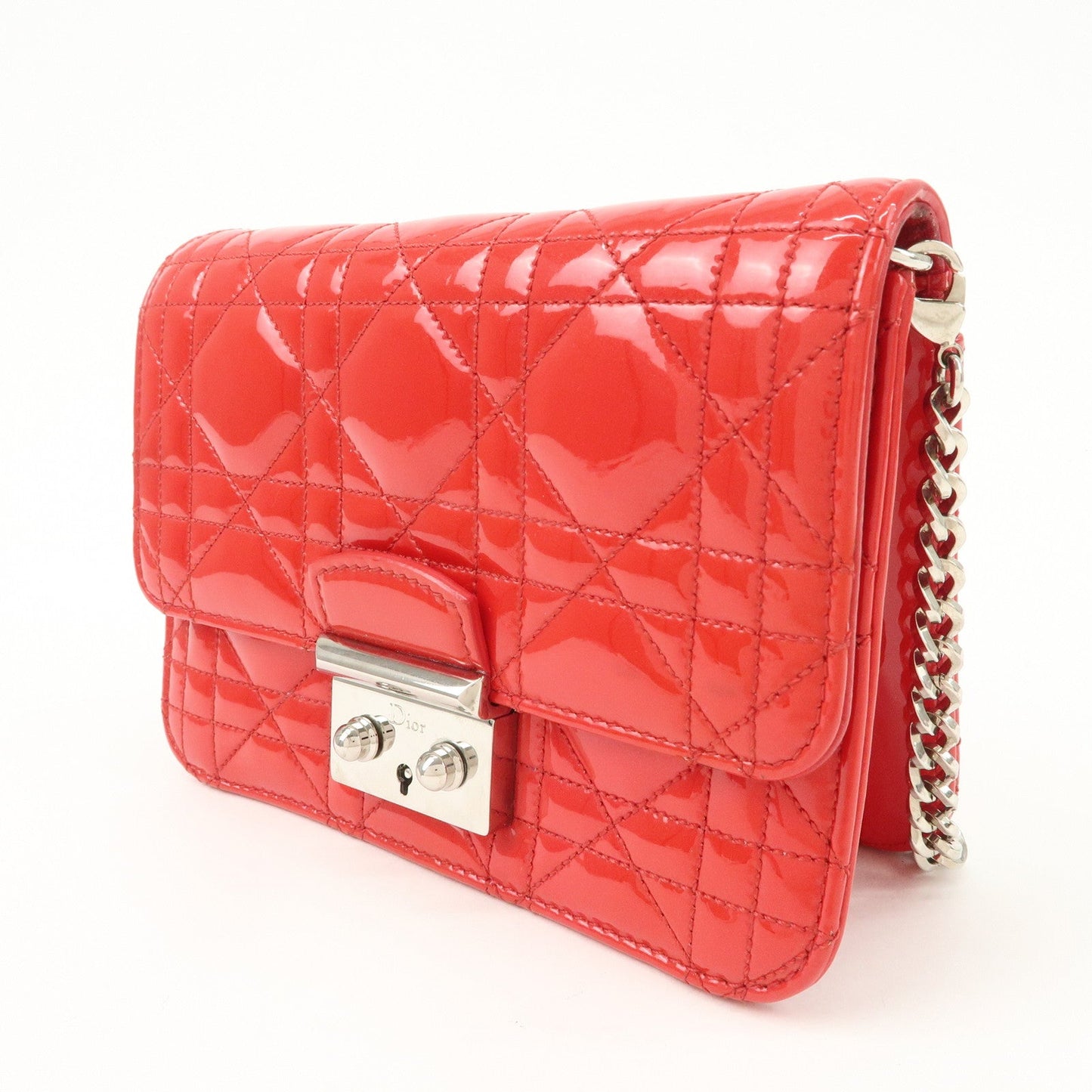 Christian Dior Cannage Patent Leather Chain Shoulder Bag COW Red  d