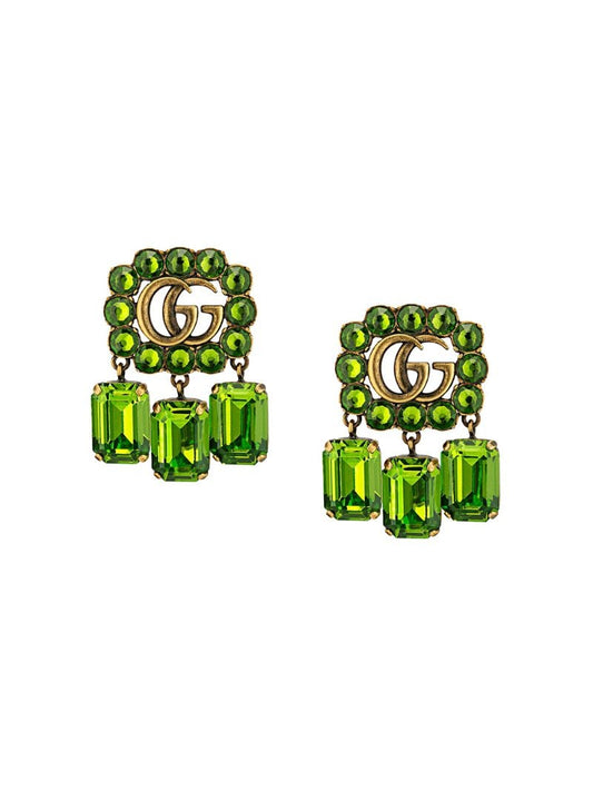 Gucci - Double G crystal clip-on earrings - women - Crystal/Gold Plated Metal - One Size - Green