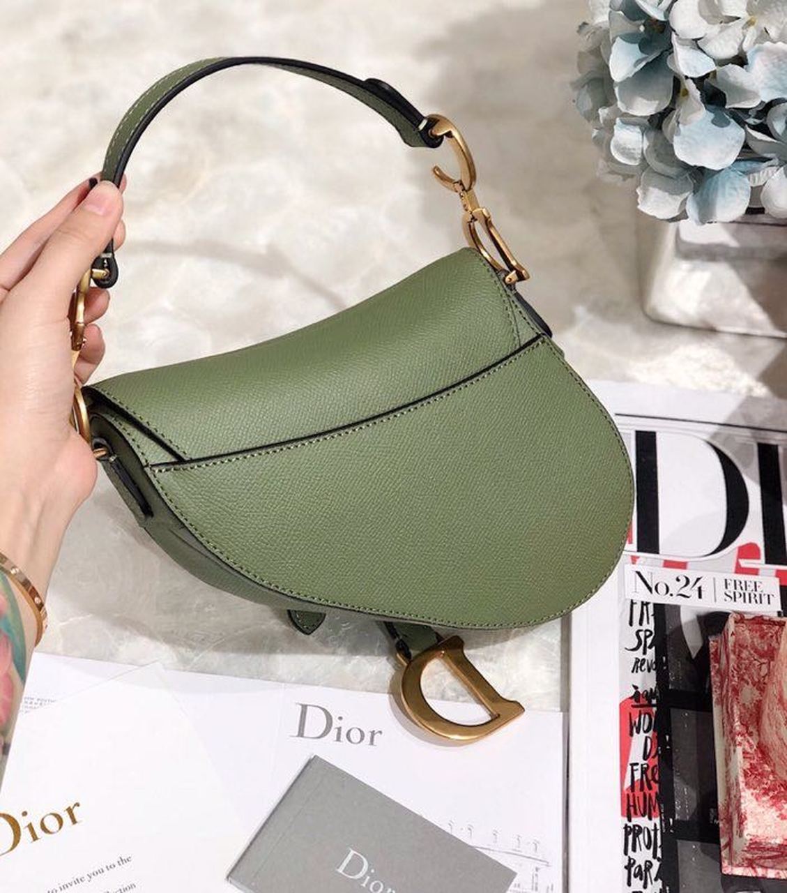 Top Quality Saddle Bag Cedar Green Grained Canvas Spring For Women 20cm/8in CD
