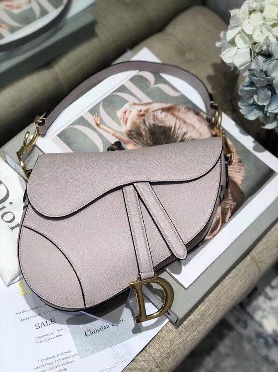 Top Quality Saddle Bag Grained Canvas Light Pink For Women 19.5cm/7.6in CD