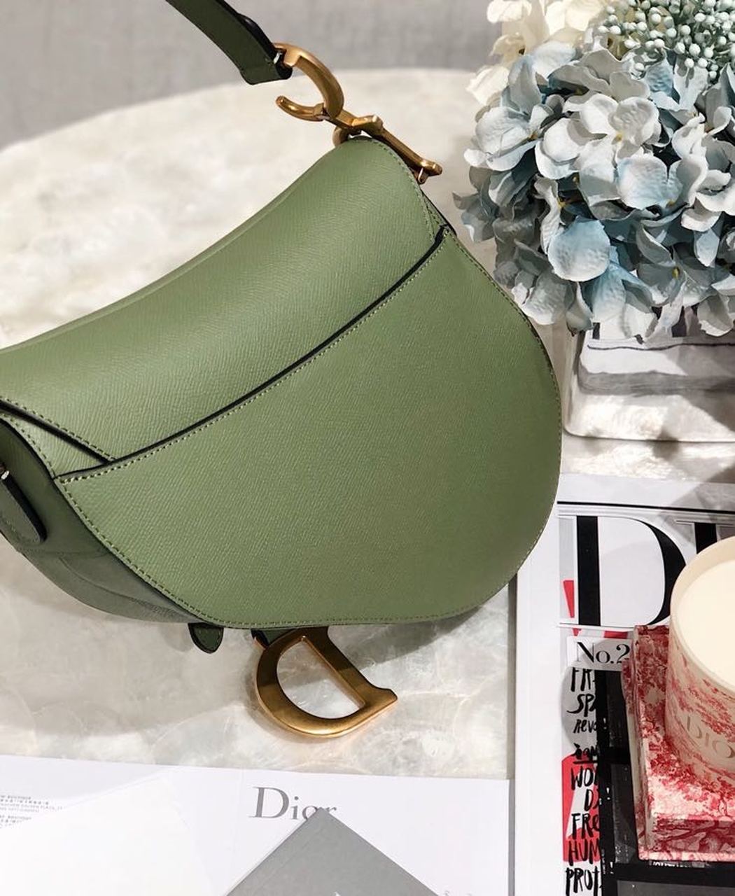 Top Quality Cedar Green Grained Saddle Bag Gold Toned Hardware Canvas For Women 25cm/10in CD M0446CBAA_M67H