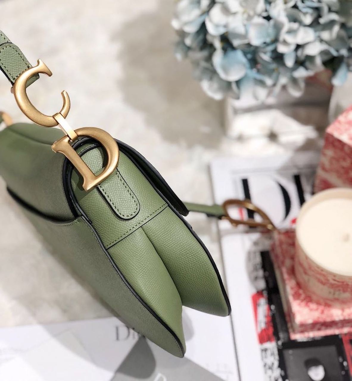 Top Quality Cedar Green Grained Saddle Bag Gold Toned Hardware Canvas For Women 25cm/10in CD M0446CBAA_M67H