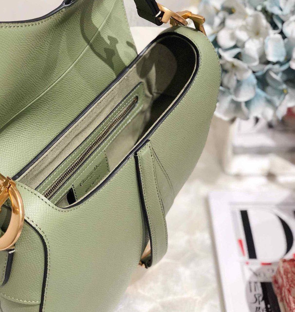 Top Quality Cedar Green Grained Saddle Bag Gold Toned Hardware Canvas For Women 25cm/10in CD M0446CBAA_M67H