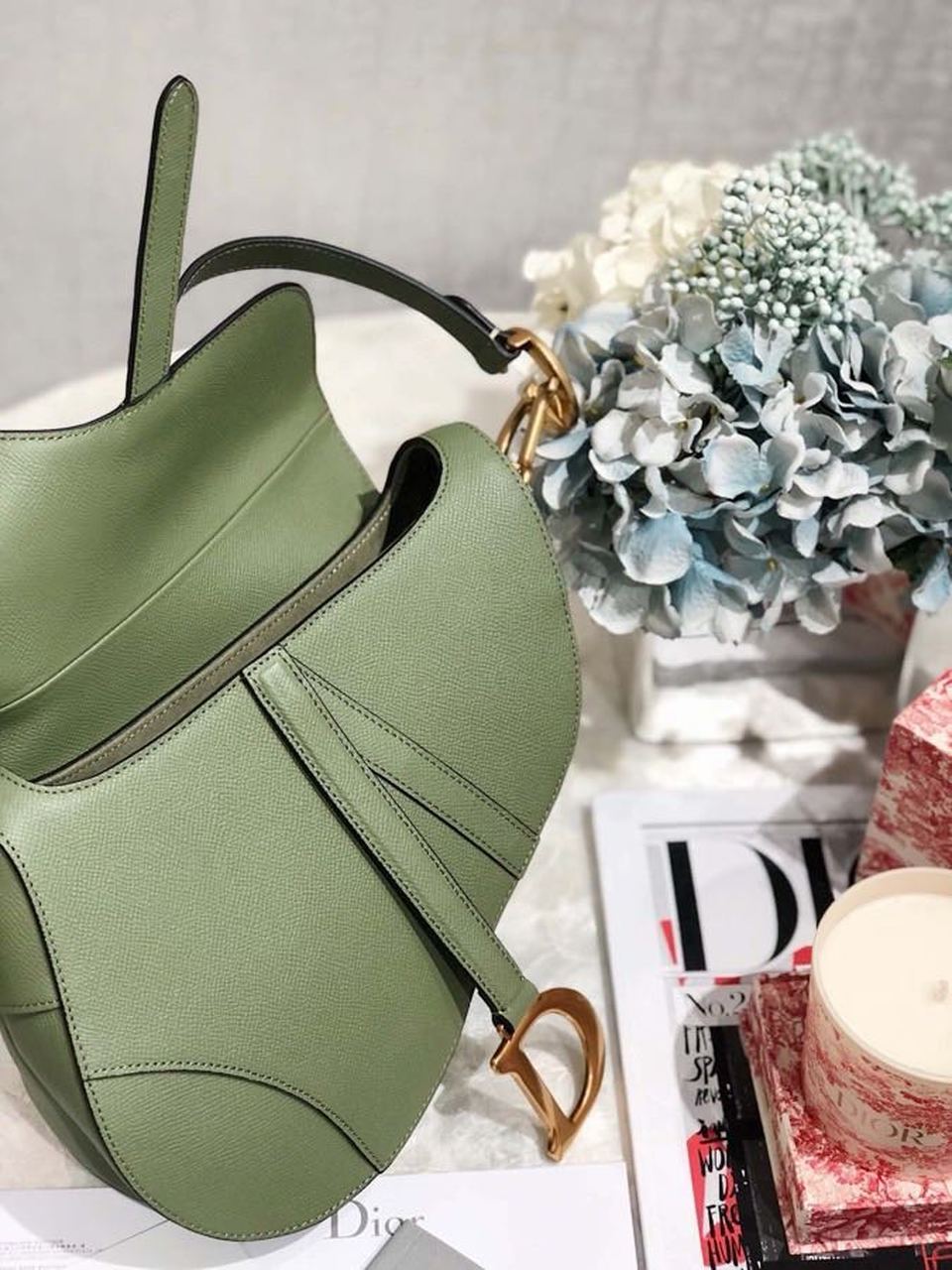 Top Quality Cedar Green Grained Saddle Bag Gold Toned Hardware Canvas For Women 25cm/10in CD M0446CBAA_M67H