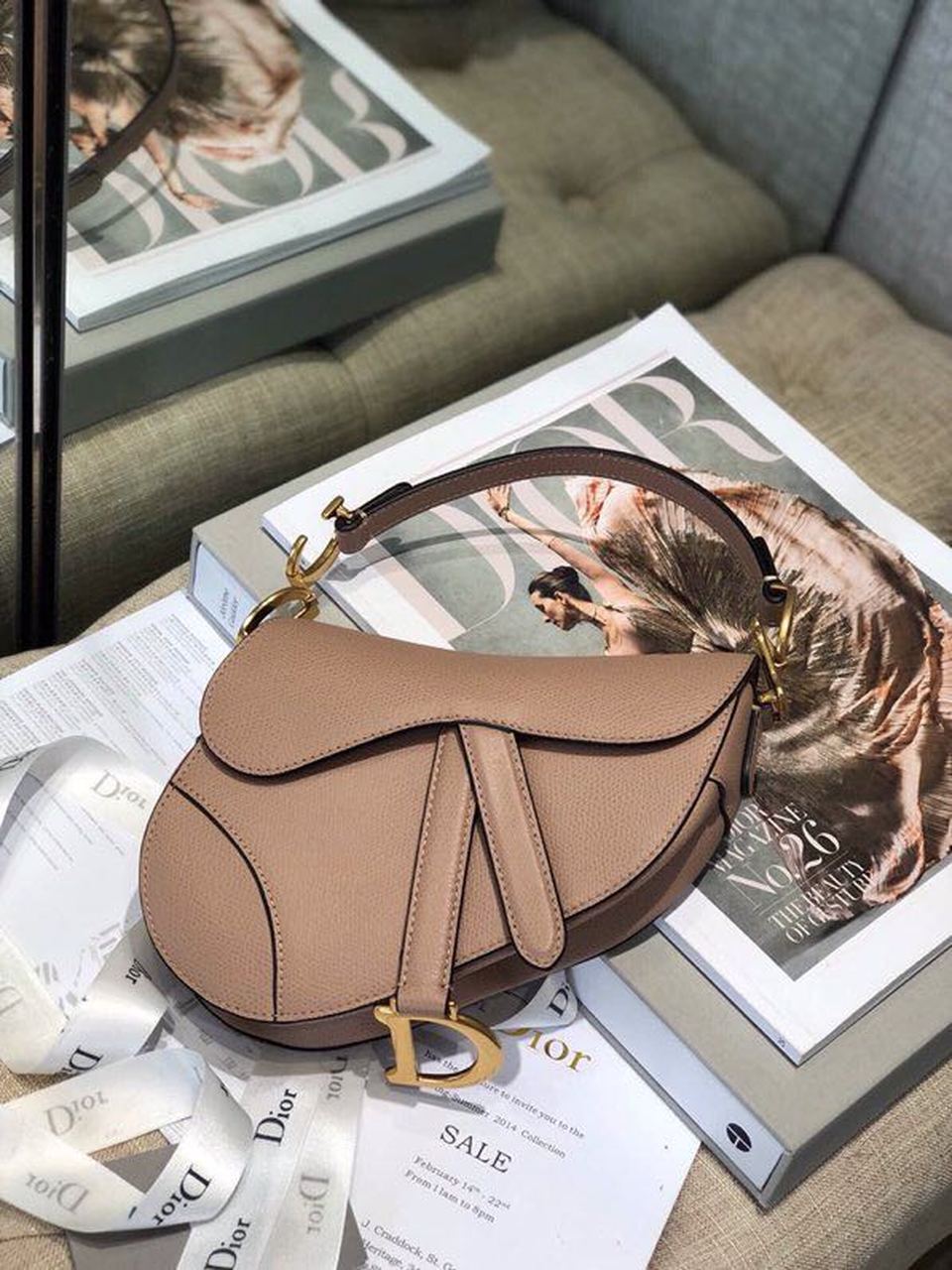 Top Quality Warm Taupe Grained Saddle Bag Gold Toned Hardware Canvas For Women 25cm/10in CD M0446CBAA_M45M