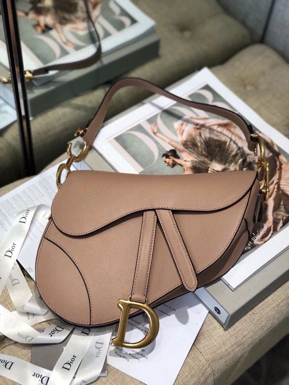 Top Quality Warm Taupe Grained Saddle Bag Gold Toned Hardware Canvas For Women 25cm/10in CD M0446CBAA_M45M