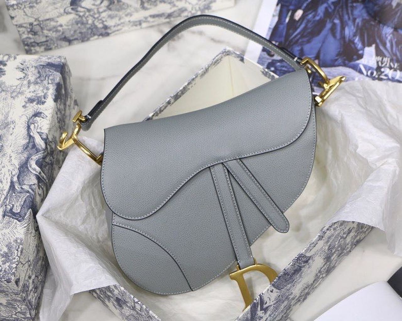 Top Quality Saddle Bag Light Blue Grained Gold Toned Hardware For Women 25cm/10in CD