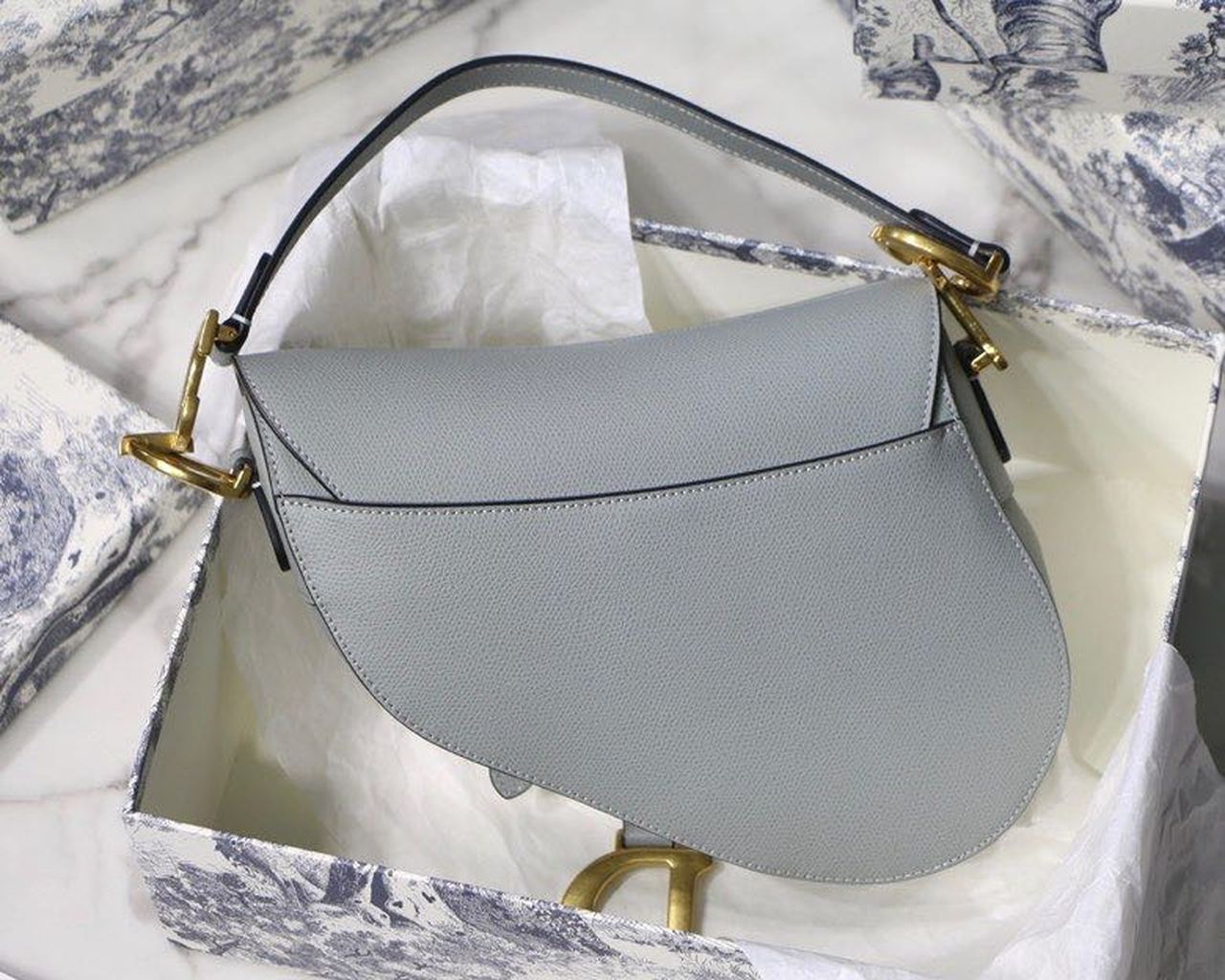 Top Quality Saddle Bag Light Blue Grained Gold Toned Hardware For Women 25cm/10in CD