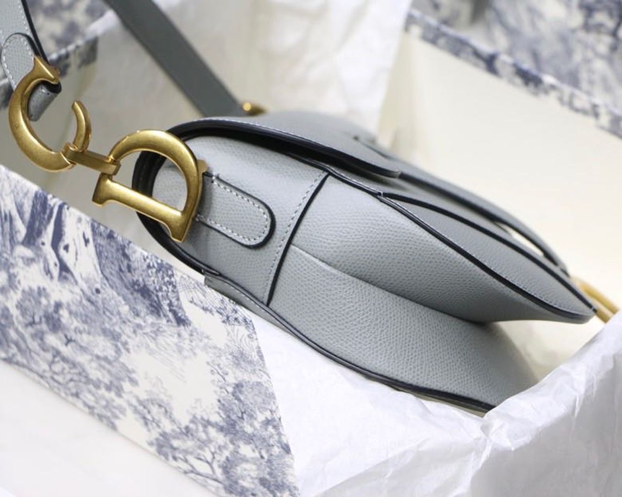 Top Quality Saddle Bag Light Blue Grained Gold Toned Hardware For Women 25cm/10in CD