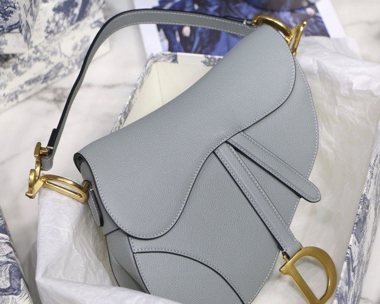 Top Quality Saddle Bag Light Blue Grained Gold Toned Hardware For Women 25cm/10in CD