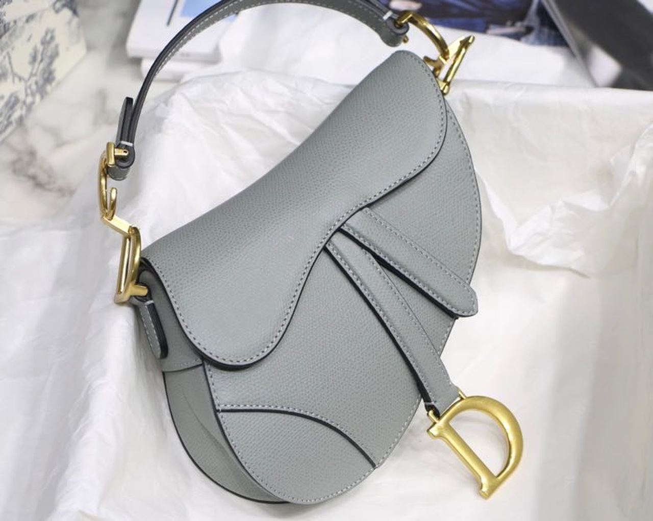Top Quality Saddle Bag Light Blue Grained Gold Toned Hardware Canvas For Women 19.5cm/7.6in CD